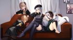  404_(girls_frontline) 4girls anizi armband barefoot beret black_legwear brown_eyes brown_hair feet g11_(girls_frontline) girls_frontline green_eyes grey_hair hat highres hk416_(girls_frontline) hood hooded_jacket jacket long_hair military_jacket multiple_girls one_side_up pantyhose plaid plaid_skirt scar scar_across_eye shirt silver_hair skirt thigh-highs ump45_(girls_frontline) ump9_(girls_frontline) white_hair white_shirt 