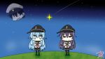  2girls akatsuki_(kantai_collection) anchor_symbol artist_name blue_hair blush chibi closed_mouth commentary commentary_request doubutsu_no_mori flat_cap floating floating_head grass hair_between_eyes hat hibiki_(kantai_collection) kantai_collection long_hair long_sleeves looking_at_viewer messy_hair multiple_girls neckerchief night nyonyonba_tarou open_mouth outdoors pleated_skirt purple_hair red_neckwear school_uniform serafuku shinkaisei-kan skirt sky star_(sky) 