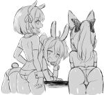  3girls :d ahoge animal_ears ass bangs bare_shoulders bent_over blush bow breasts bunny_tail bunnysuit cropped_legs detached_sleeves eyebrows_visible_through_hair fake_animal_ears fang greyscale hair_between_eyes hair_bow hair_ribbon leaning_forward leotard long_sleeves looking_at_viewer looking_away looking_back monochrome multiple_girls open_mouth original ponytail profile rabbit_ears ribbon simple_background small_breasts smile smug strapless strapless_leotard tail twintails unname white_background 