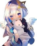  1girl amane_kanata angel_wings armband bangs blue_eyes blue_hair blush chikuwa_(tikuwaumai_) clenched_hand commentary dangan_ronpa eyebrows_visible_through_hair eyes_visible_through_hair hair_ornament head_tilt highres holding holding_stuffed_animal hololive long_sleeves looking_at_viewer monokuma multicolored_hair open_mouth pink_hair school_uniform serafuku silver_hair simple_background smile smirk solo star_(symbol) star_hair_ornament stuffed_animal stuffed_toy symbol_commentary translation_request two-tone_hair virtual_youtuber white_background wings 
