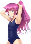  1girl absurdres armpits bangs blue_eyes blue_swimsuit breasts collarbone eyebrows_visible_through_hair high_ponytail highres kirishima_romin long_hair looking_at_viewer mouth_hold muto_dt pink_hair school_swimsuit shiny shiny_hair simple_background small_breasts solo standing swimsuit tying_hair very_long_hair white_background yu-gi-oh! yu-gi-oh!_sevens 