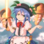  1990s_(style) 1girl absurdres apron blouse blue_hair blue_skirt bow buttons chocolate_cornet food frills fruit green_eyes hat highres hinanawi_tenshi hinanawi_tenshi_(cosplay) izumi_konata leaf long_hair lucky_star neck_ribbon peach puffy_short_sleeves puffy_sleeves rainbow_order red_bow ribbon rope shimenawa shirt short_sleeves shrugging skirt smile solo step_arts sword sword_of_hisou touhou weapon white_shirt 