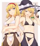  2girls :d alice_margatroid bangs bare_arms bare_shoulders bikini black_bikini black_headwear black_pants blonde_hair blue_eyes blush border bow braid breasts brown_pants collarbone commentary_request frilled_hairband frills front-tie_bikini front-tie_top green_bow grey_background groin gun hair_bow hairband hand_on_hip hand_up handgun hat hat_bow highres holding holding_gun holding_weapon kirisame_marisa long_hair looking_at_viewer medium_breasts miyo_(ranthath) multiple_girls navel open_mouth outside_border pants pistol red_hairband revolver short_hair side-tie_bikini simple_background single_braid small_breasts smile stomach swimsuit thigh_cutout touhou trigger_discipline weapon white_bikini white_border white_bow witch_hat yellow_eyes 