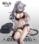  1girl absurdres animal_ear_fluff animal_ears arknights arm_support bag bangs bare_legs bare_shoulders black_scarf black_shorts breast_grab breasts cat_ears cat_tail chinese_commentary commentary_request copyright_name crop_top feet_out_of_frame grabbing gradient gradient_background grey_background guangsupaomian hair_between_eyes hand_up highres jacket large_breasts long_hair looking_at_viewer midriff navel off_shoulder open_clothes open_fly open_jacket scarf schwarz_(arknights) see-through self_fondle shadow short_shorts shorts silver_hair sitting solo stomach tail thigh_strap thighs white_background yellow_eyes 