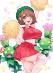  1girl ;d arm_up breasts brown_hair cheerleader gen_5_pokemon green_eyes looking_at_viewer maractus one_eye_closed open_mouth petals pokemon pokemon_(creature) pom_poms red_skirt short_hair skirt smile solo standing standing_on_one_leg sumisumii tam_o&#039;_shanter thigh-highs white_background white_legwear yuuri_(pokemon) 