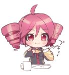  1girl ahoge baguette black_shirt black_sleeves blush bread commentary cup detached_sleeves drill_hair eating food holding holding_food kasane_teto kikuchi_mataha lowres plate red_eyes redhead shirt short_hair sleeveless sleeveless_shirt smile solo teacup twin_drills upper_body utau 