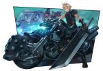  2girls 3boys aerith_gainsborough arm_cannon barret_wallace black_hair blonde_hair brown_hair buster_sword cloud_strife final_fantasy final_fantasy_vii final_fantasy_vii_remake gatling_gun ground_vehicle highres itou_youichi looking_at_viewer materia motor_vehicle motorcycle multiple_boys multiple_girls red_xiii redhead spiky_hair sunglasses sword tifa_lockhart weapon 
