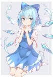  1girl absurdres arms_up blue_dress blue_eyes blue_hair breath cirno commentary_request dress expressionless eyebrows_visible_through_hair grey_background hair_between_eyes hair_ribbon hands_together highres iyo_(ya_na_kanji) light_blush looking_at_viewer parted_lips pinafore_dress puffy_short_sleeves puffy_sleeves red_neckwear red_ribbon ribbon shirt short_hair short_sleeves simple_background sitting socks solo symbol_commentary touhou wariza water_drop white_legwear white_shirt wings 
