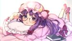  1girl bed_sheet book bow capelet crescent crescent_moon_pin dress glasses hair_bow hat highres long_hair looking_at_viewer lying mob_cap on_stomach parted_lips patchouli_knowledge pillow pink_capelet pink_dress pink_headwear pink_legwear purple_hair red_bow socks solo touhou vanilla_(miotanntann) violet_eyes 