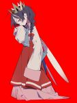  1girl bandages black_hair bleeding blood braid crown fairy_wings glasses higa423 highres kirby_(series) kirby_64 long_sleeves looking_at_viewer necktie possessed red_background red_eyes red_ribbon red_skirt ribbon ripple_star_queen skirt sweat twin_braids veins wings zero_two_(kirby) 