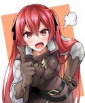 1girl brown_gloves fire_emblem fire_emblem_fates gloves long_hair open_mouth red_eyes redhead selena_(fire_emblem) selena_(fire_emblem_fates) severa_(fire_emblem) simple_background solo tenchan_man twintails 