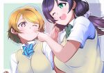  2girls bangs blush bow bowtie breasts cheek_poking eyebrows_visible_through_hair fingers highres koizumi_hanayo large_breasts looking_at_another love_live! love_live!_school_idol_project multiple_girls one_eye_closed otonokizaka_school_uniform poking raised_eyebrows repunit school_uniform shirt short_sleeves smile striped striped_neckwear swept_bangs toujou_nozomi upper_body vest white_shirt 