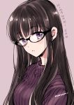  1girl bangs black-framed_eyewear black_hair blush breasts character_name commentary_request copyright_name expressionless eyebrows_visible_through_hair glasses himawari-san himawari-san_(character) lips long_hair looking_at_viewer medium_breasts purple_sweater ribbed_sweater signature simple_background solo sugano_manami sweater upper_body violet_eyes 