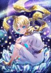 1boy baggy_clothes bangs blonde_hair blue_eyes blush bright_pupils crystal eyebrows_visible_through_hair fate/grand_order fate/requiem fate_(series) floating floating_object full_body glowing highres looking_at_viewer male_focus open_mouth parted_bangs scarf shiny shiny_hair shiny_skin short_sleeves sky smile solo space sparkle star_(sky) star_(symbol) starry_background starry_sky user_xwkj3533 voyager_(fate/requiem) yellow_scarf 