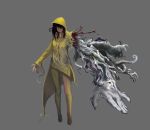  1girl absurdres black_eyes black_hair eldritch_abomination extra_eyes eyeball fingernails gradient gradient_background grey_eyes hastur highres hood hood_up king_in_yellow long_hair original sharp_fingernails shibafu_no_atama solo standing tentacles torn_clothes veins yellow_eyes 