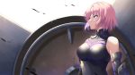  1girl absurdres bangs black_leotard breasts breasts_apart chantu closed_mouth fate/grand_order fate_(series) highres leotard mash_kyrielight medium_breasts pink_hair short_hair solo upper_body violet_eyes white_background 