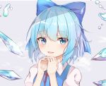  1girl arms_up blue_dress blue_eyes blue_hair breath cirno dress eyebrows_visible_through_hair grey_background hair_between_eyes hair_ribbon hands_together iyo_(ya_na_kanji) light_blush looking_at_viewer open_mouth pinafore_dress puffy_short_sleeves puffy_sleeves red_neckwear red_ribbon ribbon shirt short_hair short_sleeves simple_background smile solo touhou water_drop white_shirt wings 