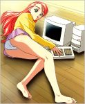  1girl ass barefoot computer computer_tower from_above keyboard_(computer) long_hair long_sleeves lowres lying oda_miyuki official_art on_floor on_side panties pink_hair pink_skirt pleated_skirt skirt soles solo underwear white_panties wooden_floor yamada_masaki zenkoku_seifuku_bishoujo_grand_prix 