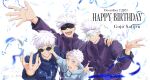  4boys :d absurdres anger_vein bandage_over_one_eye black_blindfold blindfold blue_eyes blue_hoodie blue_jacket character_name closed_mouth covered_eyes dated facing_viewer gojou_satoru grin hand_up happy_birthday high_collar highres hood hood_down hoodie jacket jujutsu_kaisen long_sleeves looking_at_viewer multiple_boys open_hand open_mouth purple_jacket round_eyewear short_hair smile sunglasses tamamochi_(srtm_mcmc8) twitter_username upper_body white_background white_hair 