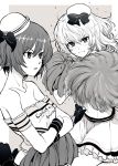  2girls :i armband bangs bare_shoulders beret blush bonkara_(sokuseki_maou) bow bow_skirt cheerleader closed_mouth clothes_writing coco&#039;s crossed_arms dixie_cup_hat english_text eyebrows_visible_through_hair frilled_armband frilled_skirt frills frown girls_und_panzer greyscale hat hat_bow hat_ribbon highres holding holding_pom_poms itsumi_erika looking_at_viewer medium_hair midriff military_hat mini_hat miniskirt monochrome multiple_girls navel nishizumi_maho open_mouth pleated_skirt pom_poms ribbon short_hair skirt strapless sweat tubetop v-shaped_eyebrows wristband 