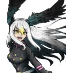  1girl :d adeshi_(adeshi0693119) bald_eagle_(kemono_friends) black_jacket black_wings blonde_hair buttons commentary_request gradient_hair grey_hair head_wings high_collar highres jacket kemono_friends long_hair looking_at_viewer multicolored_hair open_mouth simple_background smile solo teeth upper_body white_background white_hair wings yellow_eyes 