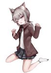  1girl animal_ear_fluff animal_ears black_neckwear black_skirt blush brown_jacket commentary_request dokomon fang full_body girls_frontline grey_eyes grey_hair hands_up highres jacket kemonomimi_mode korean_commentary long_hair long_sleeves looking_at_viewer low_ponytail m200_(girls_frontline) necktie open_clothes open_jacket open_mouth pinching_sleeves pleated_skirt ponytail shirt simple_background sitting skirt sleeves_past_wrists socks solo wariza white_background white_legwear white_shirt 