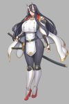  1girl arm_guards armored_boots asahi_(lvl) belt belt_buckle black_hair boots breasts buckle cape epaulettes gold_trim hair_between_eyes hanging high_heels highres horns huge_breasts katana large_breasts long_hair looking_at_viewer lvl_(sentrythe2310) military military_uniform monochrome_background oni oni_horns original pale_skin pelvic_curtain red_eyes skin_tight sword uniform very_long_hair wakizashi weapon wind wind_lift 