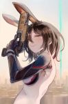  1girl animal_ear_fluff animal_ears armpit_crease bangs breasts brown_hair cityscape closed_mouth from_side gun hair_between_eyes half-closed_eyes handgun heri holding holding_gun holding_weapon hololive looking_at_viewer mechanical_arm medium_breasts pistol rabbit_ears roboco-san short_hair smile solo upper_body weapon yellow_eyes 