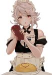  1boy apron bangs commentary_request corrin_(fire_emblem) corrin_(fire_emblem)_(male) crossdressinging detached_sleeves eyelashes fire_emblem fire_emblem_fates food heart highres holding ketchup_bottle looking_at_viewer maid maid_headdress omurice red_eyes short_sleeves sidelocks silver_hair simple_background solo w_(1999_kyu) white_background 