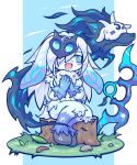  1boy 1girl :d animal_nose black_fur blue_eyes blue_fur blush_stickers bow commentary_request fang grass highres hooves kayo!!_(gotoran) lamb_(league_of_legends) league_of_legends long_hair looking_at_another mask mask_on_head open_mouth rock silver_hair simple_background sitting smile snout sweatdrop tree_stump white_fur wolf_(league_of_legends) 