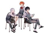  1girl 2boys ;) ahoge bangs black_eyes black_footwear black_hair blush book bow bowtie chair closed_eyes collar collared_shirt commentary_request emma_(yakusoku_no_neverland) eyebrows_visible_through_hair flip-flops from_side full_body green_eyes grey_skirt grey_vest hahahanon hair_between_eyes hair_over_one_eye highres holding holding_book long_sleeves looking_at_viewer multiple_boys necktie norman_(yakusoku_no_neverland) one_eye_closed open_book orange_hair parted_lips ray_(yakusoku_no_neverland) red_bow red_neckwear sandals school_uniform shirt short_hair shorts shorts_under_skirt silver_hair simple_background sitting skirt smile socks table thick_eyebrows uniform vest white_legwear white_shirt yakusoku_no_neverland 