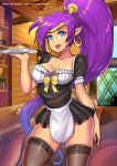  1girl blue_eyes breasts dark_skin earrings food giovanni_zaccaria gold_hairband jewelry lace lace-trimmed_legwear long_hair looking_down maid pointy_ears ponytail pudding purple_hair shantae_(character) shantae_(series) tan thigh-highs tied_hair 