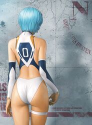  1girl ass ayanami_rei blue_hair cowboy_shot detached_sleeves from_behind highleg highleg_panties long_sleeves neon_genesis_evangelion panties shiny shiny_hair short_hair solo standing thigh_gap thigh_strap underwear watanabe_yasuaki white_panties 