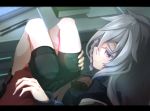  1boy 1girl absurdres belt binder blurry braid carrying colored_eyelashes commander_(girls_frontline) depth_of_field desk from_above girls_frontline grey_eyes grey_hair hand_on_another&#039;s_arm highres indoors keyboard_(computer) knees knees_up legs llpfmfc long_hair looking_at_viewer looking_back pen princess_carry shorts wavy_mouth xm8_(girls_frontline) 