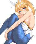  1girl ahoge animal_ears artoria_pendragon_(all) artoria_pendragon_(swimsuit_ruler)_(fate) bangs bare_arms bare_shoulders blonde_hair blue_legwear blush breasts closed_mouth commentary_request eyebrows_visible_through_hair fake_animal_ears fate/grand_order fate_(series) fishnet_legwear fishnets hair_between_eyes high_ponytail highres kisaragi_(legobionicle23) knees_up large_breasts leotard long_hair looking_at_viewer pantyhose rabbit_ears signature sitting solo thighs white_leotard 