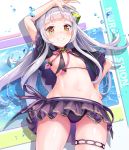  1girl arm_over_head ass_visible_through_thighs bangs bikini bikini_skirt bikini_top blunt_bangs breasts capelet frilled_bikini frills grin hairband highres hololive leg_strap long_hair mogmog murasaki_shion navel one_side_up orange_eyes purple_bikini purple_swimsuit sidelocks silver_hair small_breasts smile solo standing stomach swimsuit teeth thighs virtual_youtuber 