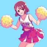  1girl :d blue_background brown_eyes brown_hair cheerleader flower hair_flower hair_ornament hanadera_nodoka healin&#039;_good_precure highres looking_at_viewer navel open_mouth pleated_skirt pom_poms precure red_skirt sayousuke shirt short_hair skirt sleeveless sleeveless_shirt smile standing 