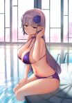  1girl absurdres azur_lane bikini breasts dido_(azur_lane) eyebrows_visible_through_hair flower hair_flower hair_ornament hand_in_hair highres lemontea_(ekvr5838) long_hair pool pool_ladder purple_bikini purple_hair red_eyes sitting swimsuit 