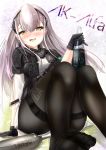  1girl absurdres ak-alfa_(girls_frontline) black_gloves black_legwear blush bottle character_name english_text girls_frontline gloves hairband headphones highres long_hair looking_at_viewer mr_lobster open_mouth pantyhose saliva silver_hair simple_background sitting sitting_on_lap sitting_on_person solo tagme thigh-highs thighs yellow_eyes 