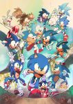  6+boys absurdres adventures_of_sonic_the_hedgehog animal_ears anniversary arms_up bandages blue_fur chromatic_aberration furry glasses gloves green_eyes grin hedgehog hedgehog_ears highres looking_at_viewer multiple_boys multiple_persona open_mouth rabbit_ears red_footwear running signature smile sonic sonic_boom_(game) sonic_mania_adventures sonic_the_hedgehog sonic_the_hedgehog_(classic) sonic_the_hedgehog_(film) sonic_the_hedgehog_(ova) sonic_underground teeth theduckgod white_gloves 