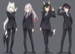  4girls animal_ears black_footwear black_hair black_headwear black_pants black_suit blue_eyes blue_neckwear closed_mouth collared_shirt commentary_request eyebrows_visible_through_hair formal fox_ears green_eyes grey_background grey_neckwear hair_between_eyes hololive horns kanzaki_hiro long_hair multicolored_hair multiple_girls nakiri_ayame necktie oni oni_horns ookami_mio oozora_subaru open_mouth orange_eyes pants ponytail red_eyes red_neckwear redhead shadow shirakami_fubuki shirt short_hair simple_background smile streaked_hair suit two-tone_hair virtual_youtuber white_hair white_shirt wing_collar wolf_ears 