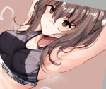  1girl alternate_breast_size arms_up bangs bra breasts brown_background brown_eyes brown_hair clothes_writing covered_nipples hair_between_eyes headband headgear kagurazaka_miyabi kantai_collection medium_breasts open_mouth short_hair_with_long_locks simple_background solo sports_bra steaming_body sweat taihou_(kantai_collection) underwear upper_body 