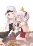  2girls apron azur_lane bare_shoulders barefoot belfast_(azur_lane) black_coat braid coat enterprise_(azur_lane) food french_braid grey_hair hat long_hair manjuu_(azur_lane) military_hat mujinbi multiple_girls off-shoulder_shirt off_shoulder one_eye_closed open_clothes open_coat peaked_cap pizza red_apron red_scrunchie scrunchie shirt silver_hair thigh-highs violet_eyes white_background white_hair white_shirt younger 