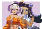  2girls alternate_costume black_hair blue_eyes blue_hair blush bra bra_peek breasts cropped_jacket dark_skin earrings eyebrows_visible_through_hair grey_eyes grey_hair gym_leader hair_between_eyes hair_bun hairband highres hoop_earrings jacket jewelry katwo_1 long_hair makeup medium_breasts multicolored_hair multiple_girls navel open_clothes open_jacket pokemon pokemon_(game) pokemon_swsh rurina_(pokemon) saitou_(pokemon) short_hair simple_background sleeveless sleeveless_turtleneck turtleneck two-tone_hair underwear white_bra 