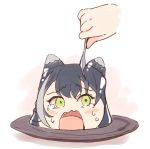  1girl 1other animal_ears black_hair blush cat_ears crying crying_with_eyes_open disembodied_limb fang food green_eyes grey_hair holding holding_spoon karyl_(princess_connect!) meito_(maze) multicolored_hair objectification open_mouth plate princess_connect! princess_connect!_re:dive pudding solo_focus spoon streaked_hair tears white_background 