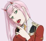  1girl breasts darling_in_the_franxx green_eyes hairband highres horns long_hair looking_at_viewer pink_hair red_horns simple_background solo white_hairband zero_two_(darling_in_the_franxx) 