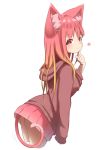  1girl akaneko_(idaten93) animal_ear_fluff animal_ears ass bangs blush brown_hair brown_hoodie cat_ears cat_girl cat_tail closed_mouth commentary_request cropped_torso eyebrows_visible_through_hair gradient_hair heart highres hood hood_down hoodie idaten93 long_hair long_sleeves looking_at_viewer looking_to_the_side multicolored_hair original pleated_skirt puffy_long_sleeves puffy_sleeves red_eyes red_skirt redhead simple_background skirt sleeves_past_wrists smile solo tail very_long_hair white_background 