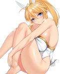  1girl ahoge animal_ears artoria_pendragon_(all) artoria_pendragon_(swimsuit_ruler)_(fate) bangs bare_arms bare_legs bare_shoulders barefoot blonde_hair blush breasts closed_mouth commentary_request eyebrows_visible_through_hair fake_animal_ears fate/grand_order fate_(series) hair_between_eyes high_ponytail highres kisaragi_(legobionicle23) knees_up large_breasts leotard long_hair looking_at_viewer rabbit_ears signature sitting solo thighs white_leotard 