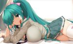  1girl ;) alternate_hairstyle aqua_eyes aqua_hair bow bow_legwear breasts commentary dakimakura english_commentary eyebrows_visible_through_hair grey_shirt hatsune_miku headphones headphones_around_neck indoors large_breasts looking_at_viewer lying necktie on_side one_eye_closed panties pink_bow pleated_skirt ponytail shirt skirt smile solo striped striped_panties thigh-highs tony_guisado underwear vocaloid white_legwear 