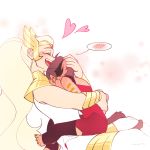 2girls adora_(she-ra) animal_ears arms_around_waist blonde_hair bracer cat_ears cat_girl cat_tail catra closed_eyes couple embarrassed happy heart highres laughing long_hair masters_of_the_universe multiple_girls open_mouth ponytail she-ra_and_the_princesses_of_power short_hair simple_background sitting sitting_on_lap sitting_on_person size_difference sleeveless spoilers su_ggushi tail tall_female tiara very_long_hair white_background winged_hair_ornament yuri